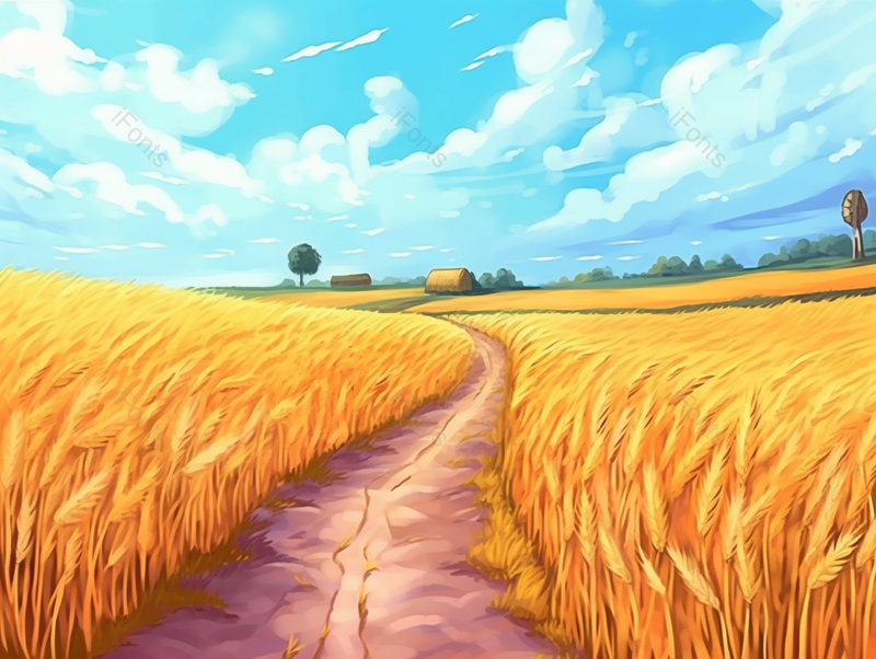 宁静的乡村金色麦田插画农作物植物背景,插画/手绘图,插画/手绘图库,插画/手绘图下载,插画/手绘